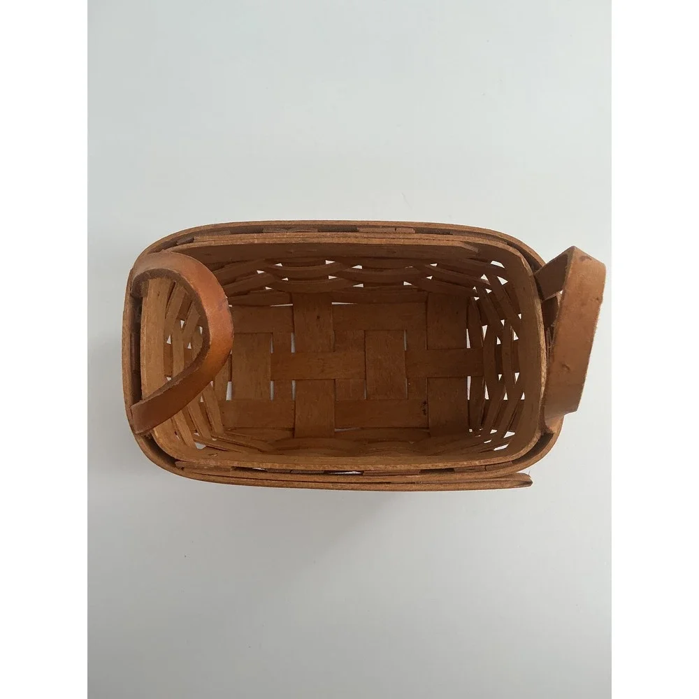 Longaberger 1990 Miniature Handwoven Basket with Leather Handles Natural Wood